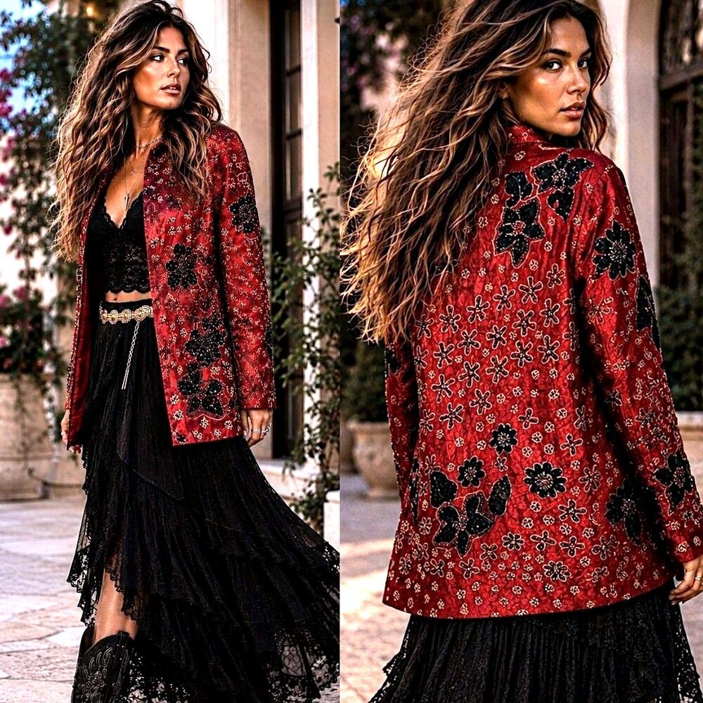 Y2K Whimsigoth Silk Beaded Sequin Jacket Boho Grunge Luxe Red Dopamine Chicos 1